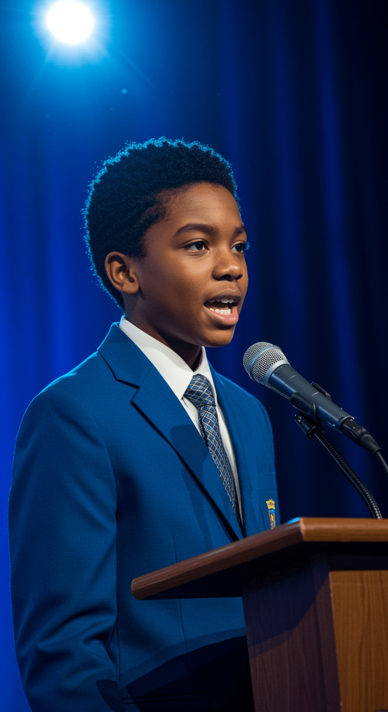 confident Kenyan child speaking to audience