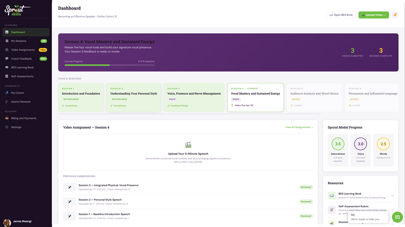 SproutHub public speaking coaching platform dashboard showing sessions and feedback