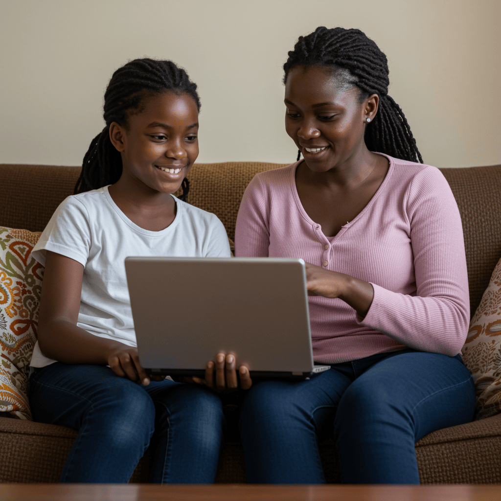 parent and child having conversation about social media and self-image in African home -  Sephora Kids