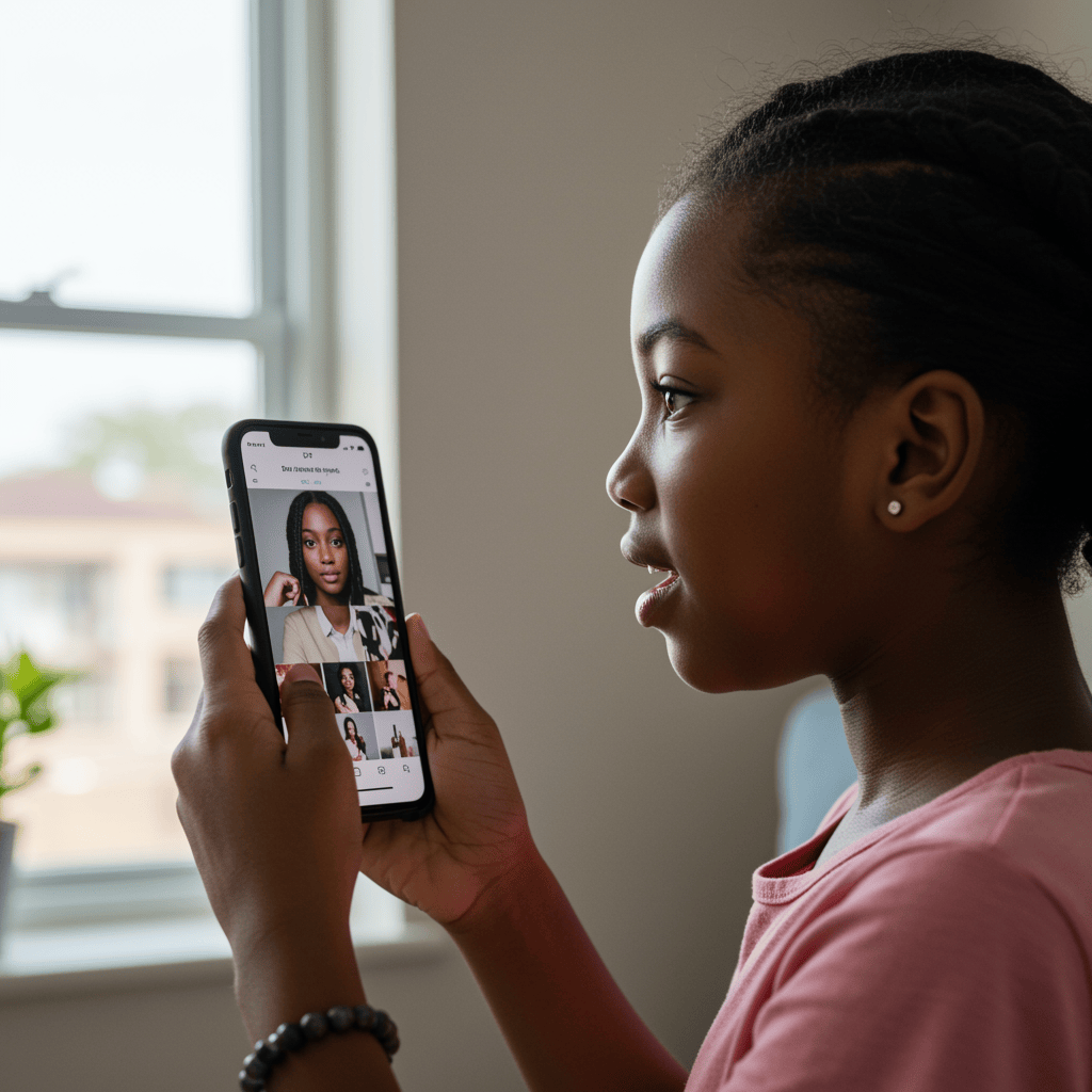 young African girl watching beauty influencer content on smartphone in Kenya -  Sephora Kids