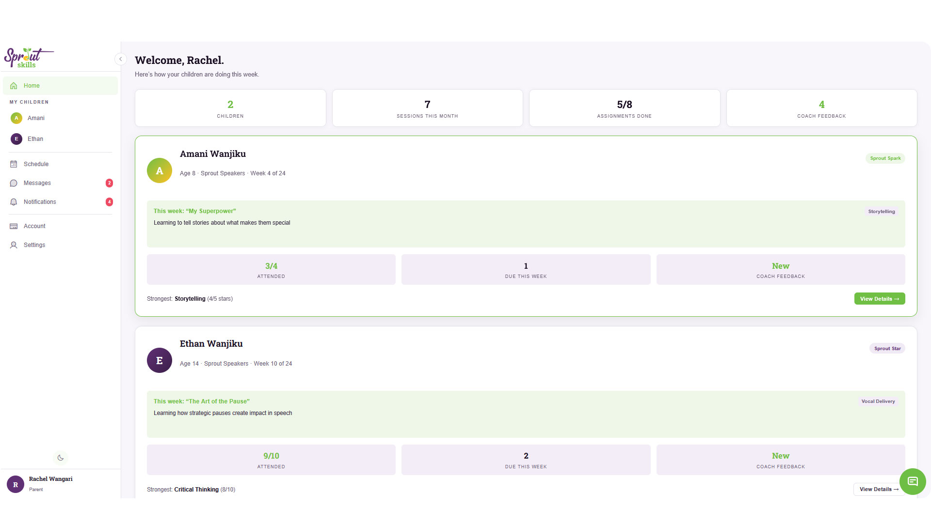 SproutHub parent dashboard showing children's progress, assignments grouped by lesson, and coach feedback