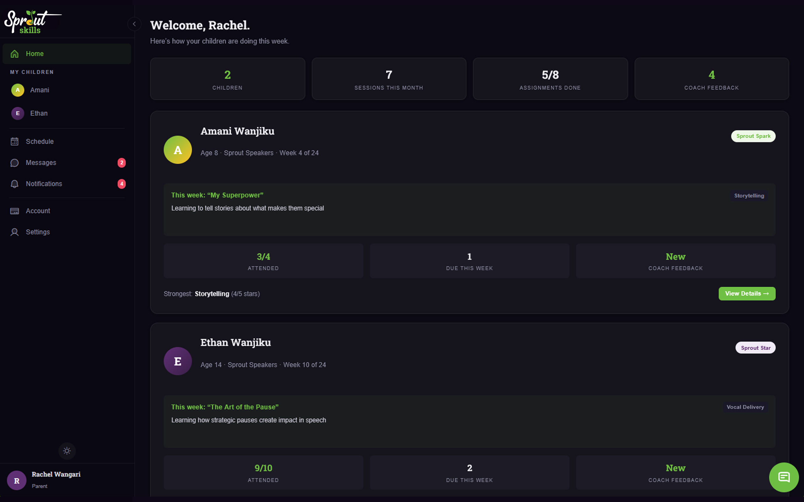 SproutHub parent dashboard showing child progress, assignments, and coach feedback