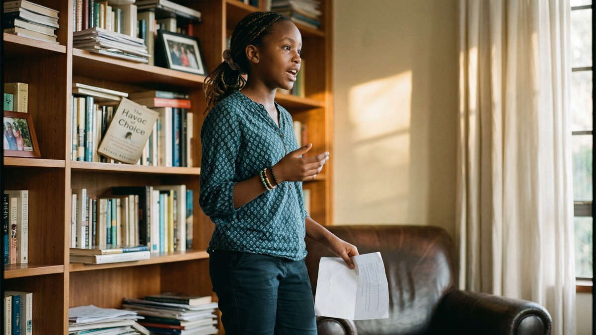 Child speaking confidently at home