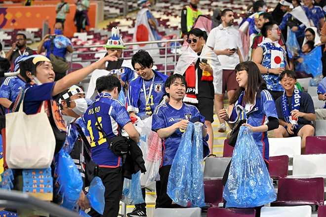 Japanese fans cleaning stadium seats after a World Cup match, a lesson in shared responsibility and civic care