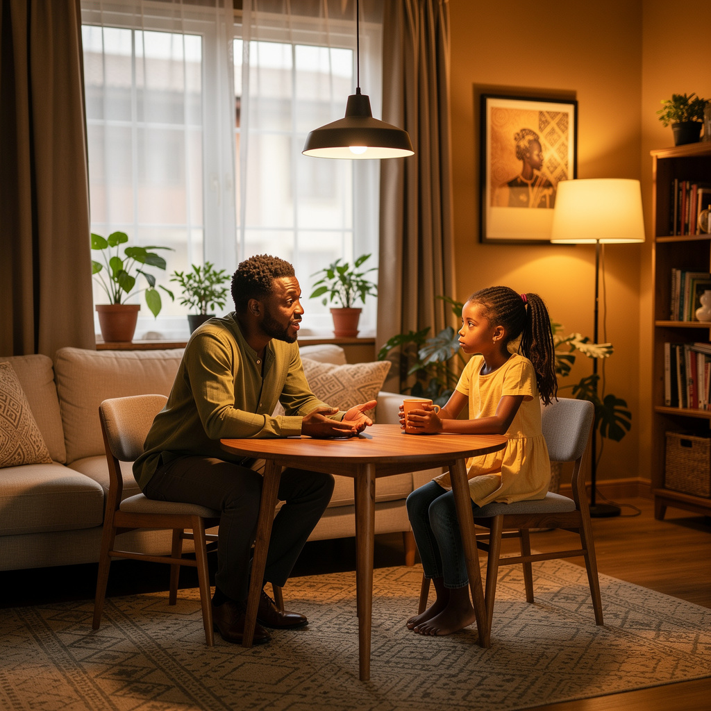 African parent having a calm conversation with a teenager at home in Nairobi — building EQ in children aged 14 to 17