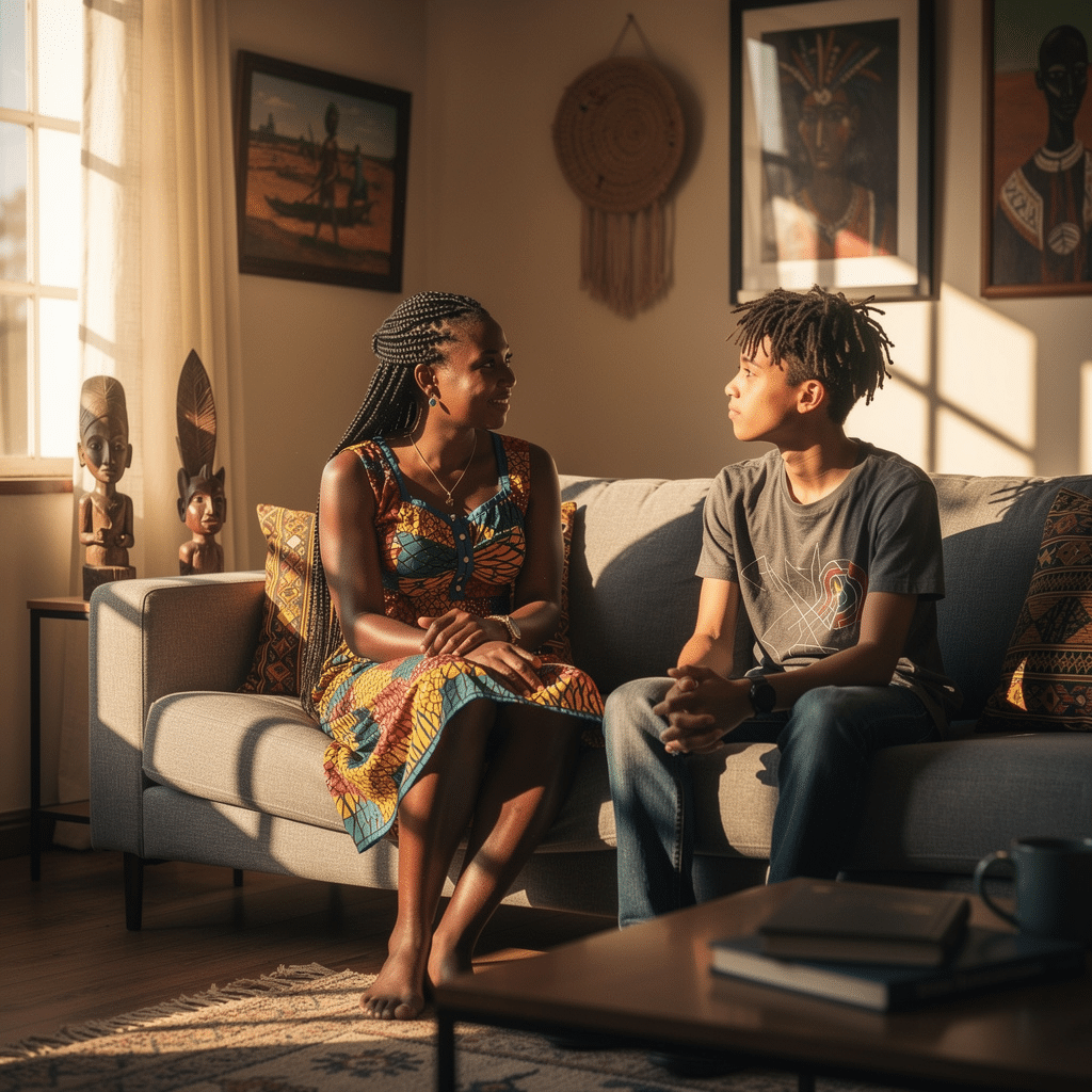 African parent having a calm conversation with a teenager at home in Nairobi — building EQ in children aged 14 to 17