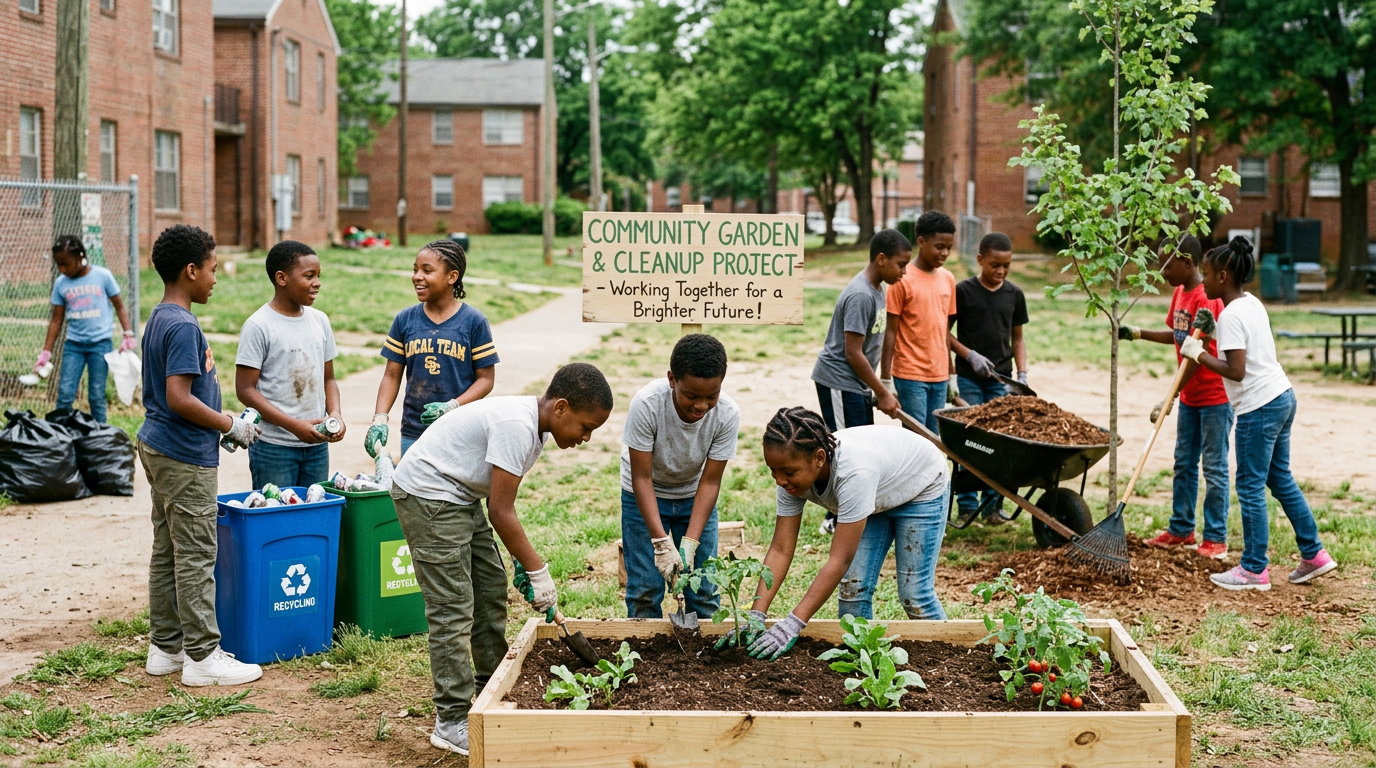 community garden of confident kids cleaning their neighbourhood