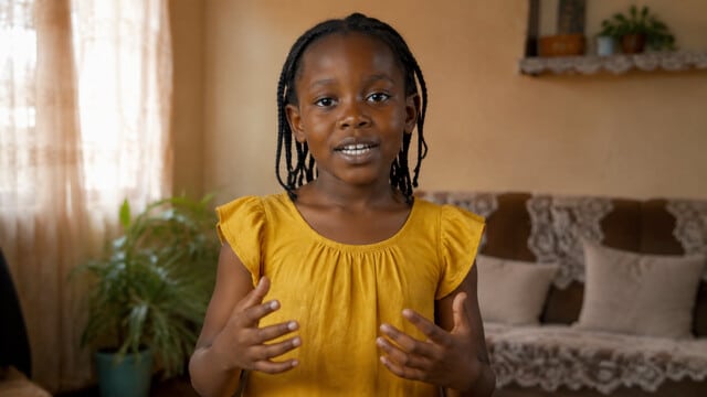 A young child rehearsing a speech at home