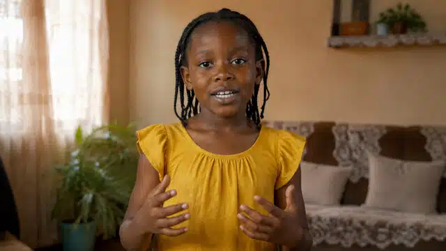 A young child rehearsing a speech at home