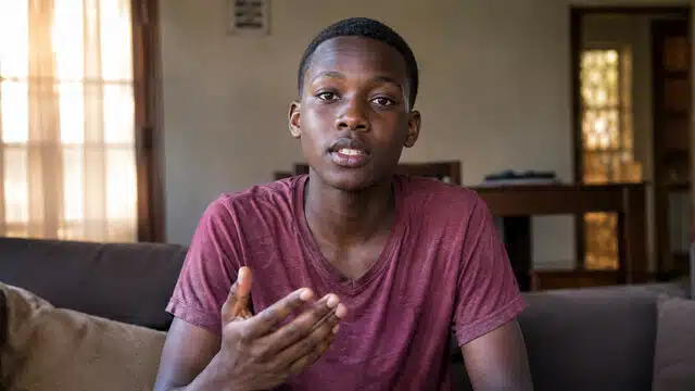 A teenager rehearsing a speech at home